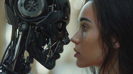 Fototapeta premium A Woman opposite AI. The concept of confrontation between humanity and artificial intelligence. Generative ai