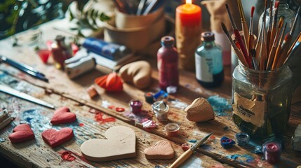 Obraz na płótnie Canvas the concept of a romantic Day craft session with an artistic arrangement of DIY heart-shaped decorations and art supplies