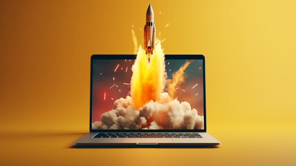 Rocket coming out of laptop screen - obrazy, fototapety, plakaty