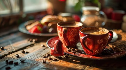 the concept of a romantic Day morning with an image of heart-shaped coffee cups and a cozy breakfast spread