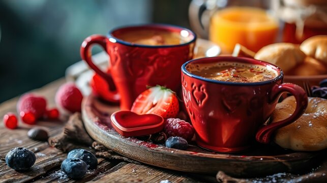the concept of a romantic Day morning with an image of heart-shaped coffee cups and a cozy warm breakfast spread