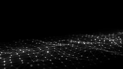 Dark cyberspace in digital background. Abstract technology wave with motion dots and lines. Connection big data. Futuristic wireframe texture. Analysis a network connection. 3D rendering.