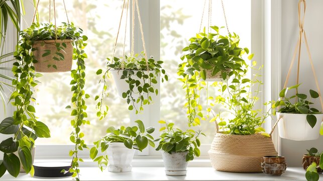 Indoor Hanging plants at home. Trailing and Hanging House Plants on window background. Home space with mini treehouse kit for a charming botanical retreat. 