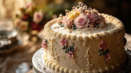 Obraz na płótnie Canvas the elegance of a Wedding-themed cake adorned with romantic details, floral motifs, and timeless decorations, set against a romantic backdrop