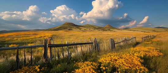A scenic view of a vibrant field of flowers with a rustic fence and distant mountain