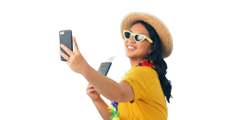 Selfie, woman and travel with passport for holiday, summer and sunglasses with smile isolated on png transparent background. Excited for trip, adventure and memory for social media post or picture