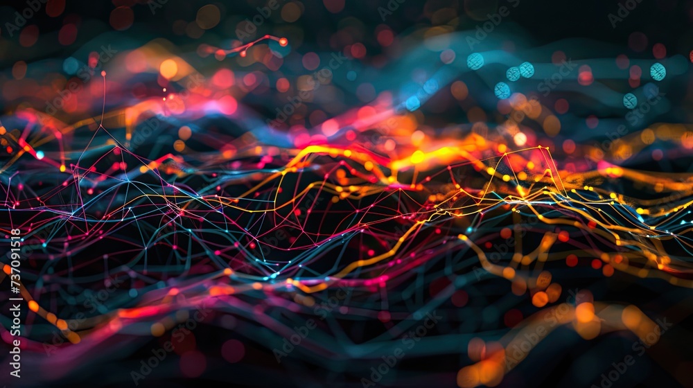 Wall mural a dark illustration of a technical system with colorful lines connecting different flow states