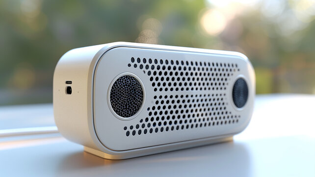 Portable Bluetooth speaker with waterproof design and long battery life on white background.
