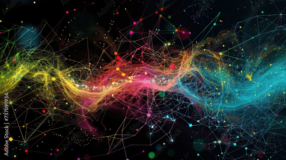 Wall mural a dark illustration of a technical system with colorful lines connecting different flow states