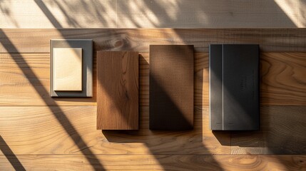 On a polished wooden surface, a set of stationery folders is neatly arranged, each one showcasing a different texture and finish. A business card with elegant typography completes the ensemble, 