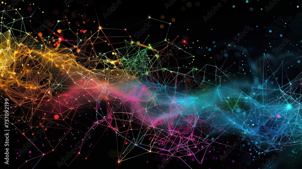 Wall mural a dark illustration of a technical system with colorful lines connecting different flow states
