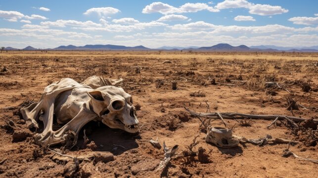 Cracked scorched earth soil drought desert landscape with animal carcasses rotting until the bones are visible