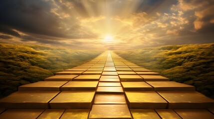 Investments, enrichment, path to wealth concept with golden yellow gold brick road. Golden path leading to success and wealth