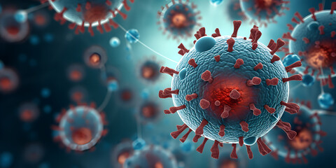 I illustration of blue and red dangerous round shaped viruses with bubbles against blurred background coronavirus  coved 19 close up, 3d render. - obrazy, fototapety, plakaty