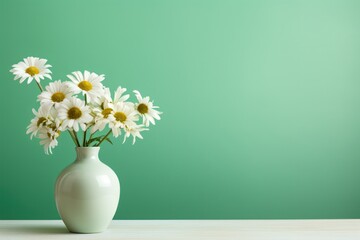White vase with daisies on pastel green background, copy space