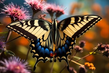 The intricate patterns on the wings of a swallowtail butterfly, captured in stunning detail, as it flutters among a field of wildflowers.