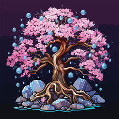 Magical tree with flowers and rocks vector illustration.