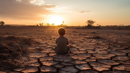 cracked scorched earth soil drought desert landscape with small child sitting contemplating looking - obrazy, fototapety, plakaty