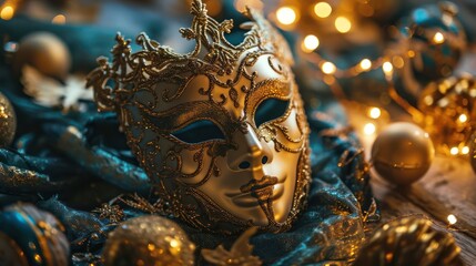 the magic of a romantic Day masquerade with an artistic arrangement of beauty elegant masks and festive decorations