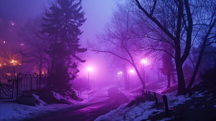 the mystique of dense fog illuminated by ethereal violet lights, creating an otherworldly atmosphere