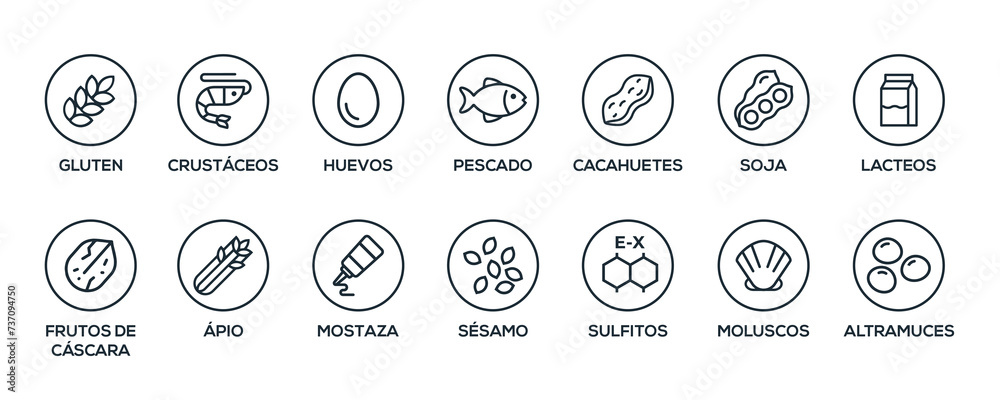 Wall mural Simple Isolated Vector Logo Set Badge Ingredient Warning Label. Black and white Allergens icons. Food Intolerance. The 14 allergens required to declare written in spanish