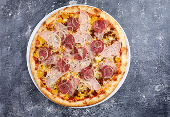 tasty pizza with sausage, top view