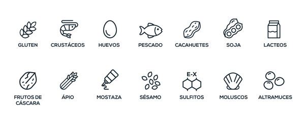 Simple Isolated Vector Logo Set Badge Ingredient Warning Label. Black and white Allergens icons. Food Intolerance. The 14 allergens required to declare written in Spanish