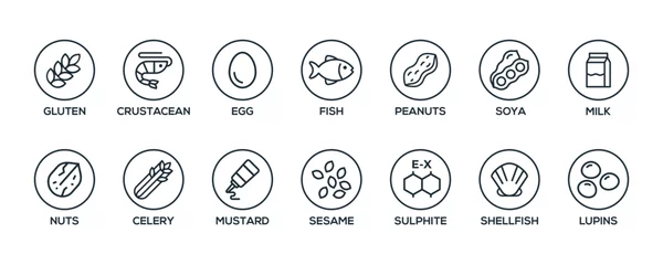 Deurstickers Simple Isolated Vector Logo Set Badge Ingredient Warning Label. Black and white Allergens icons. Food Intolerance. The 14 allergens required to declare written in english © johndory