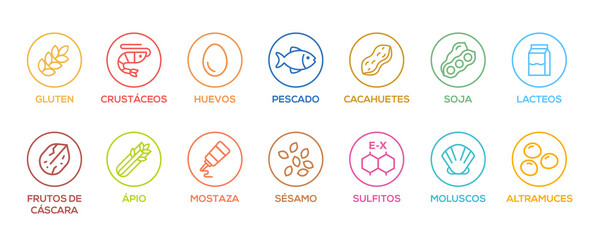 Simple Isolated Vector Logo Set Badge Ingredient Warning Label. Colorfull Allergens icons. Food Intolerance. The 14 allergens required to declare written in spanish - obrazy, fototapety, plakaty