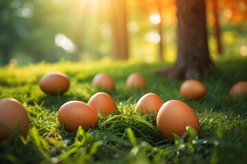 Happy Easter Day. Easter eggs sitting on top of a lush green grass, next to a forest in a beautiful spring morning.