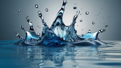 Water crown splashes and wave swirl with drops. Vector transparent blue liquid splashing fluids...