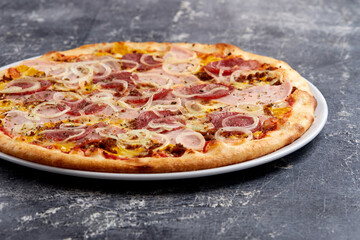tasty pizza with sausage, top view