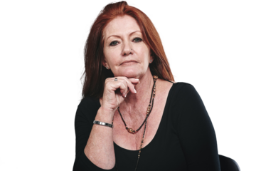 Portrait, mature or redhead woman with confidence or elegance on isolated transparent png background. Older businesswoman, entrepreneur or female business owner with hand, smile and classy jewellery