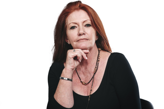 Portrait, mature or redhead woman with confidence or elegance on isolated transparent png background. Older businesswoman, entrepreneur or female business owner with hand, smile and classy jewellery