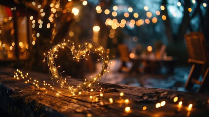 the romantic atmosphere with a visually appealing arrangement of fairy lights forming a heart shape creating a cozy and intimate setting