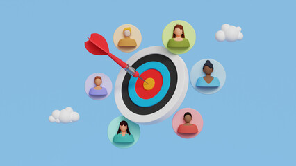 Target customers concept. Audience outreach, sales generation, marketing segmentation, customer attraction campaign, accurate promo, advertising. Dartboard with target customers. 3d illustration