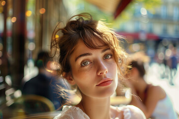 Portrait of a young Parisian woman sitting outside in a café somewhere in Paris. Created with Generative AI technology