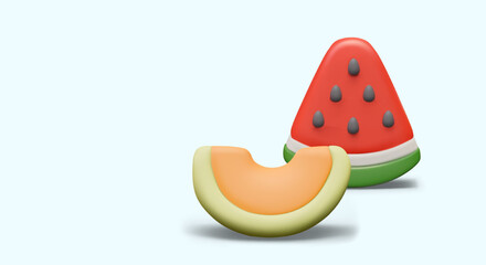 Slice of watermelon and honeydew in cartoon style. Cute 3D illustration with shadows