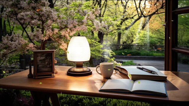 Spring Reading Corner with Blooming Cherry Blossoms