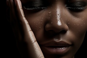 Fototapeta premium A black woman's face close up full of tears and the emotions of depression, anxiety, and sadness