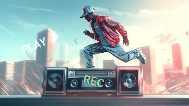 Young rapper dancing with tape recorder. Seamless looping time-lapse 4k video animation background