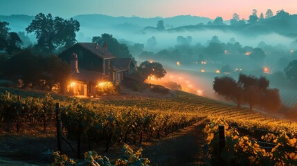 the timeless beauty of fog-laden vineyards under warm amber lights, creating an idyllic and picturesque rural landscape - obrazy, fototapety, plakaty