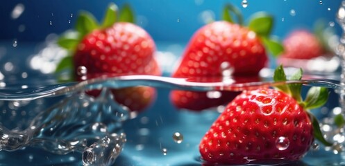 Pink fresh watery strawberries in water with splash and bubbles background, freshness happy summer...