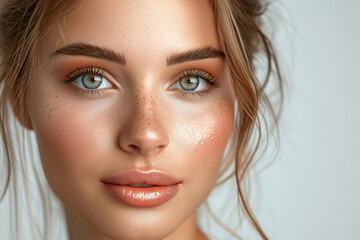 Naklejka premium Pure Beauty: Young Caucasian Woman with Clean, Natural Skin and Perfect Makeup, Closeup Portrait with Attractive Eyes and Fresh Look on White Background