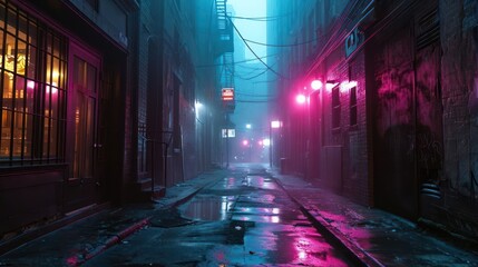 the vibrancy of foggy alleyways infused with lively magenta lights portraying a vivid and dynamic city scene