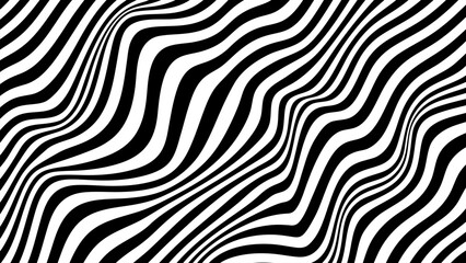 Vector pattern of optical illusion. Moving wave with black and white line. Op art. Abstract distorted texture. Striped background. Psychedelic illustration. - obrazy, fototapety, plakaty