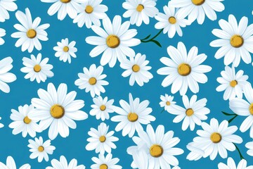 Repetition concept. Top view. Pattern made of chamomile flowers on blue background. Spring, summer concept. Flat lay, top view, copy space