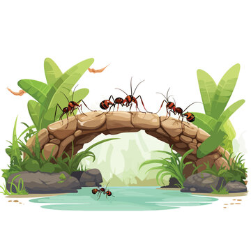 Team of ants constructing bridge. Summer tropical.