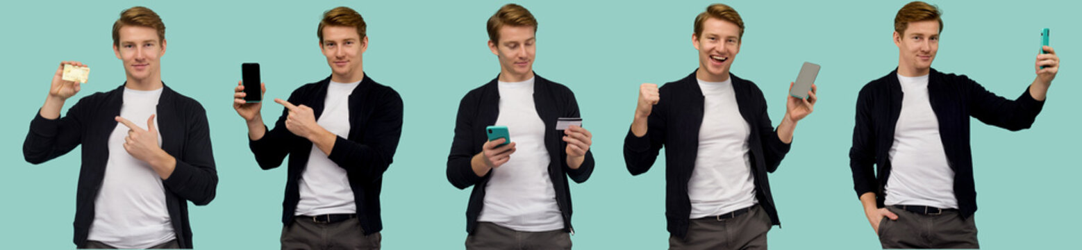 Collage of five images beautiful sports red-haired guy conducts online payment and looks at the smartphone screen on a blue background.