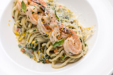 Pasta with shrimps, garlic and parmesan cheese